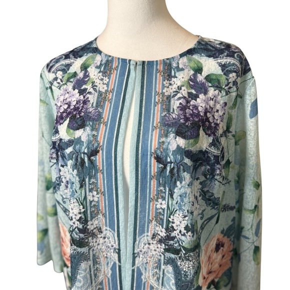 Easywear By Chicos 2 US L Semi Sheer 3/4 Sleeve Open Front Cardigan Floral Fairy - Picture 2 of 10